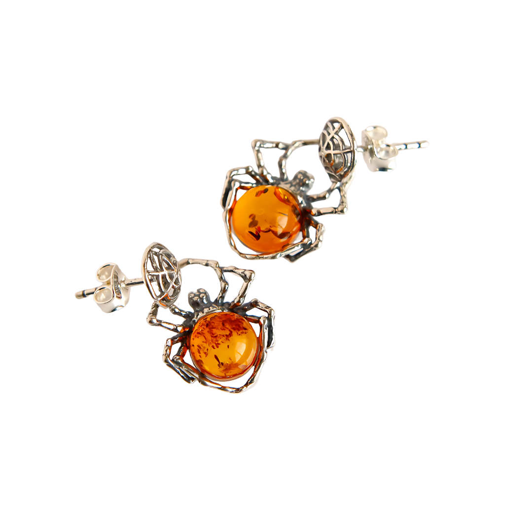Baltic Cognac Amber Spider Earrings in 925 Sterling Silver