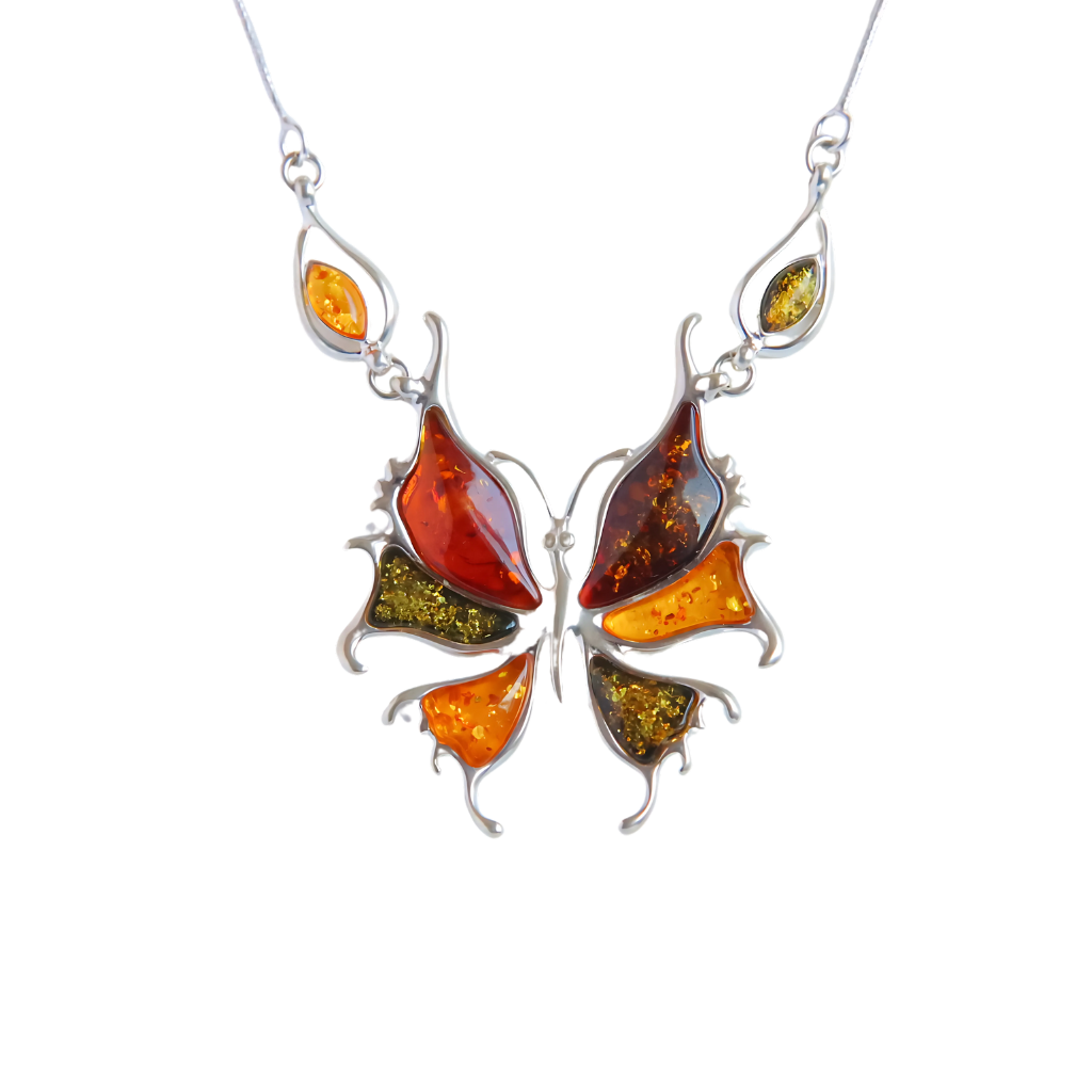Lithuanian Baltic Multicolor Amber Necklace in 925 Sterling Silver| Butterfly Statement Piece