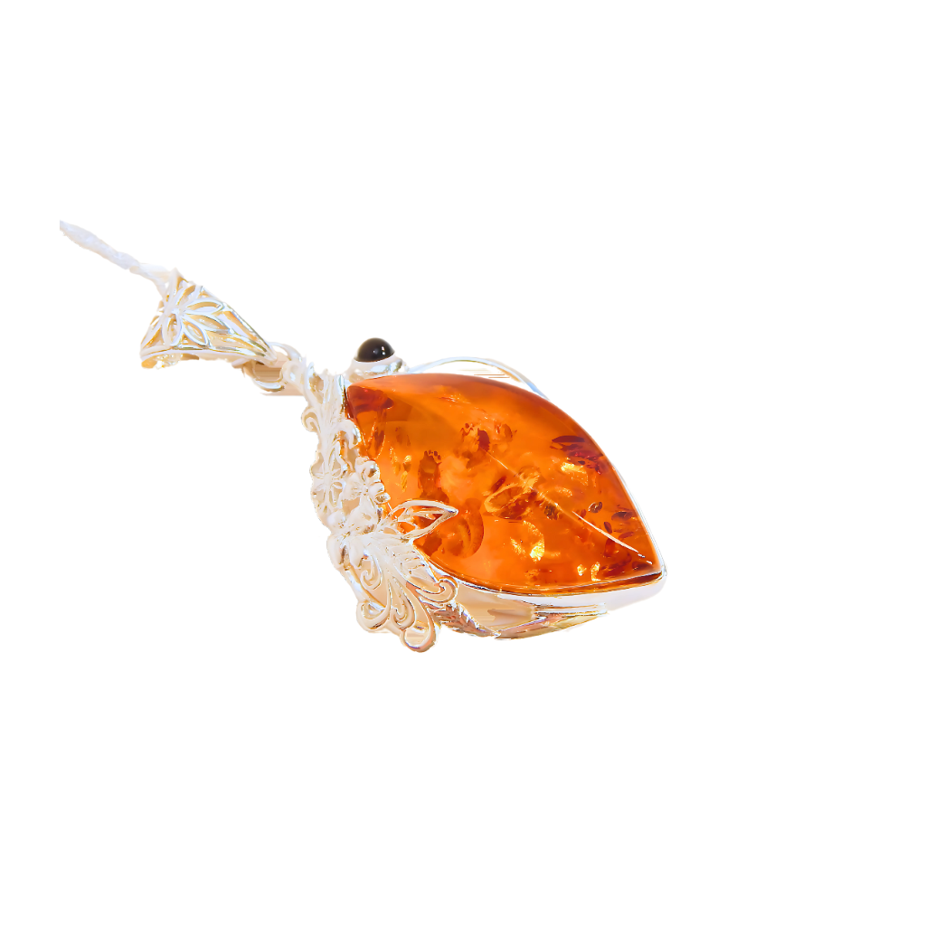 Natural Baltic Cognac Amber Filigree Floral Pendant Regal Necklace in 925 Sterling Silver