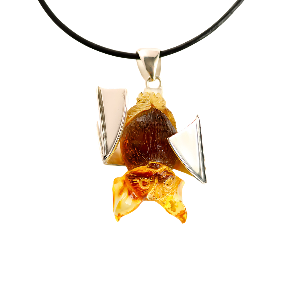 Handmade-Baltic Amber Nosferatu Bat Necklace with 925 Sterling Silver