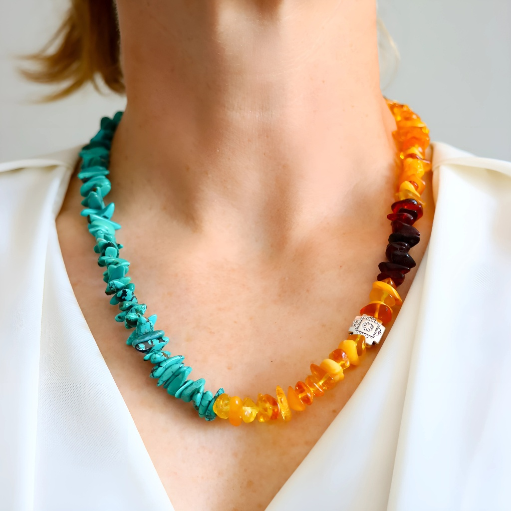Turquoise Necklace with Baltic Amber – Southwestern Beaded Statement Piece 20”