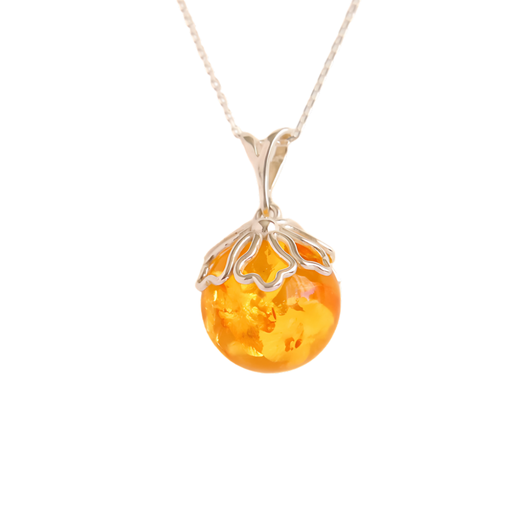 Natural Baltic Lemon Amber Pendant With Floral Design |925 Sterling Silver