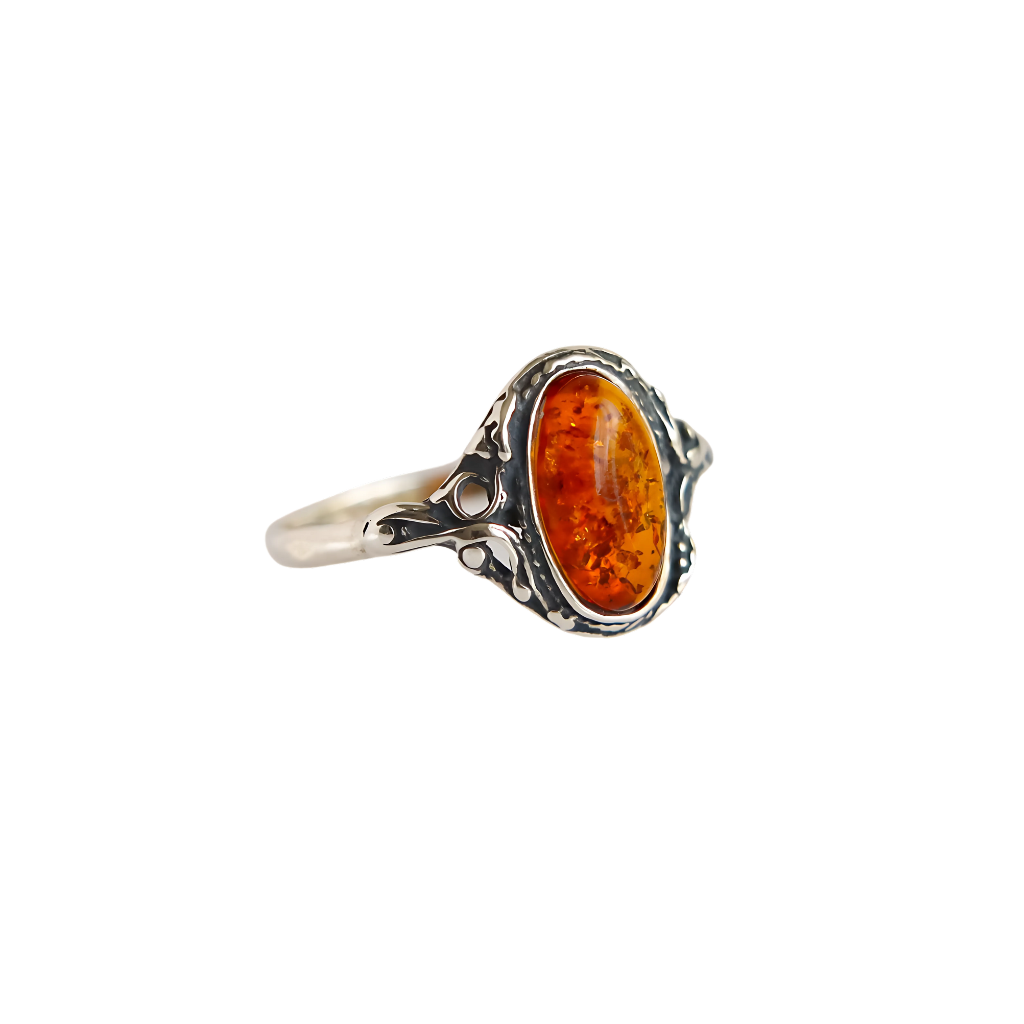 Natural Baltic Cognac Amber Victorian Silver Ring