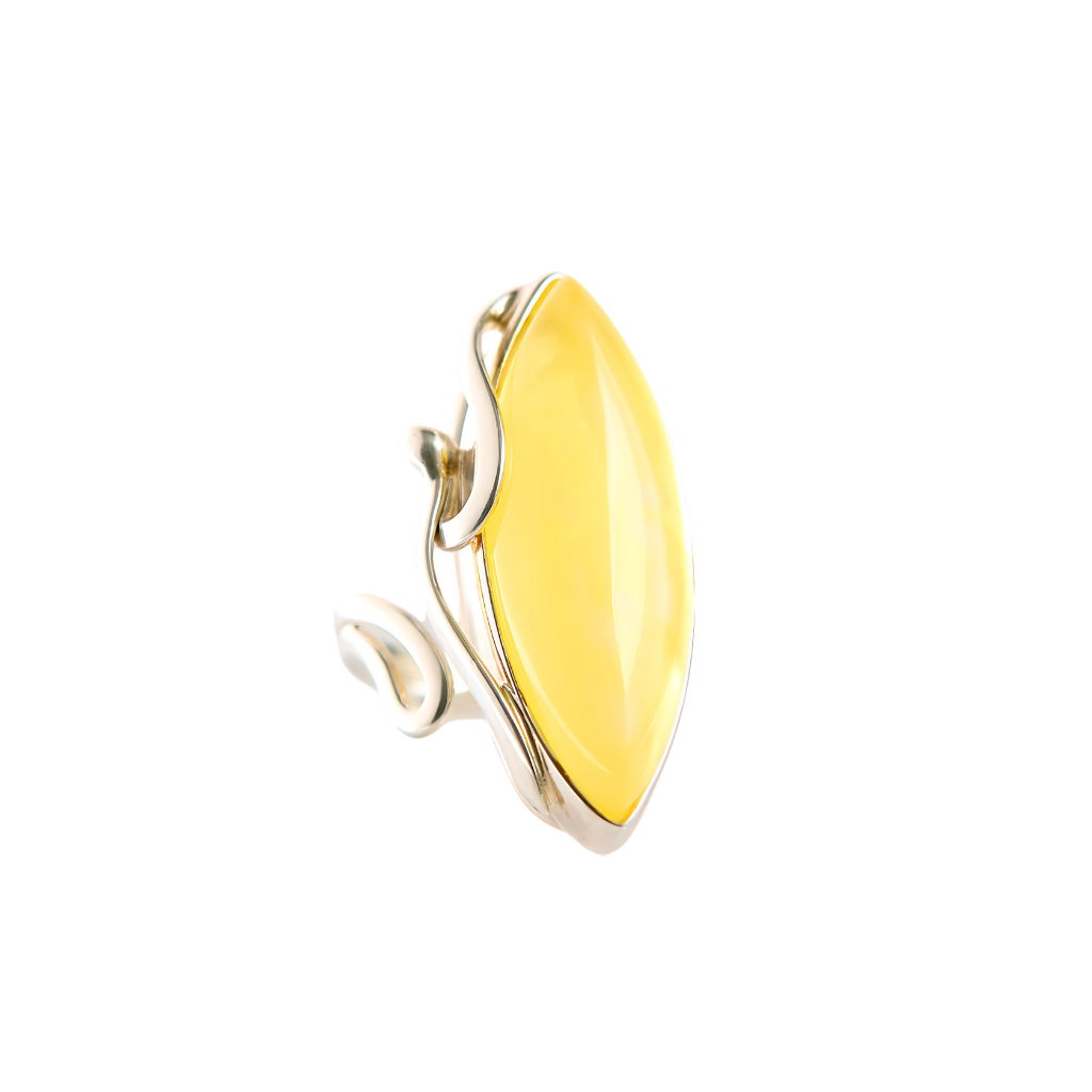 Natural Baltic Lemon Amber Marquise Cut Sterling Silver Statement Ring
