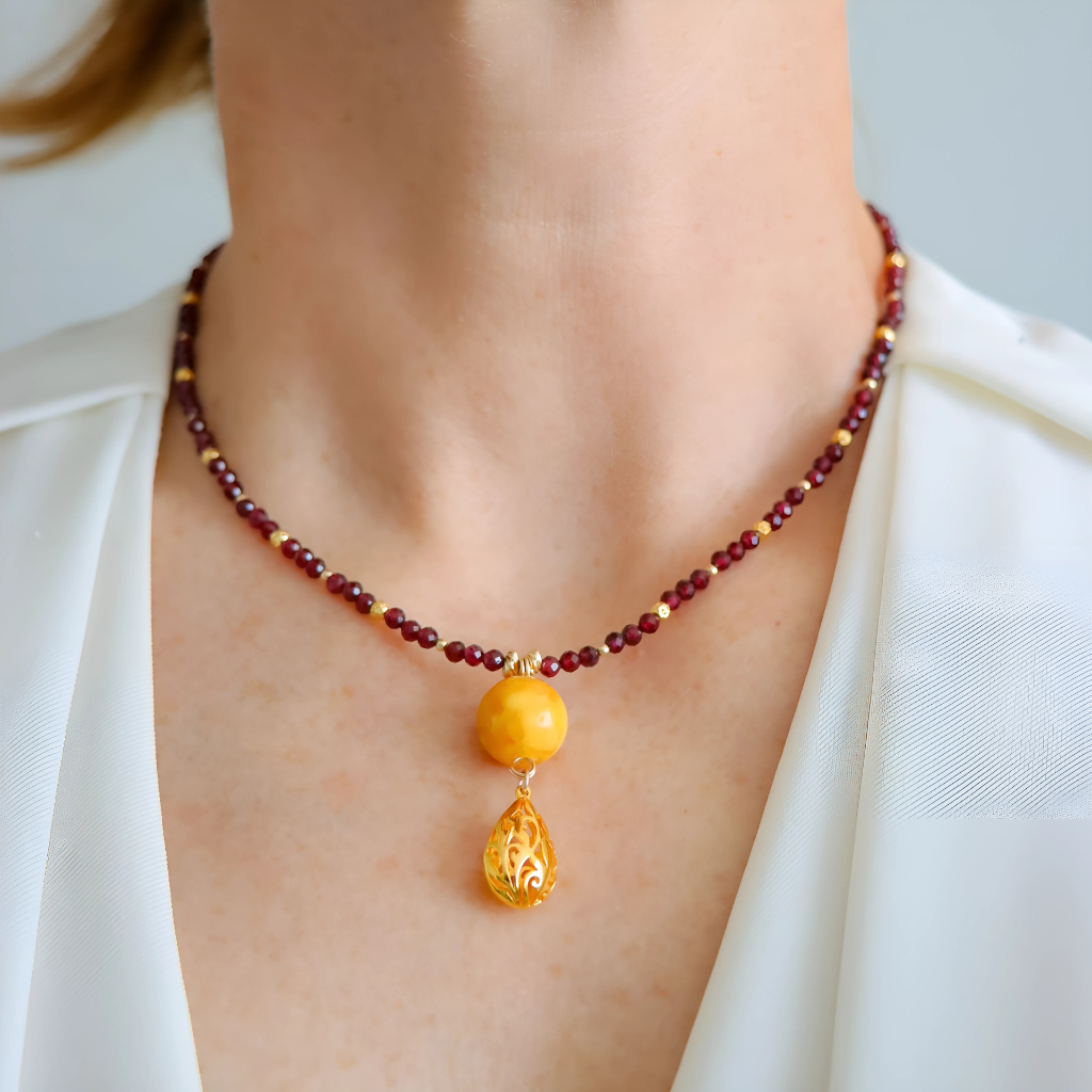Baltic Butterscotch Amber Necklace with Garnet & 14K Gold-Filled Pendant – Handmade by Alexis Cintron
