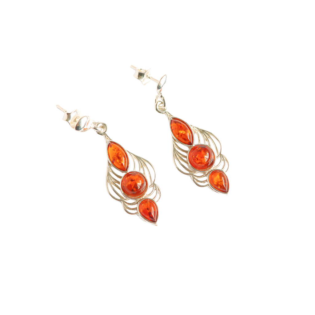 Victorian Era Earrings Baltic Cognac Amber in 925 Sterling Silver