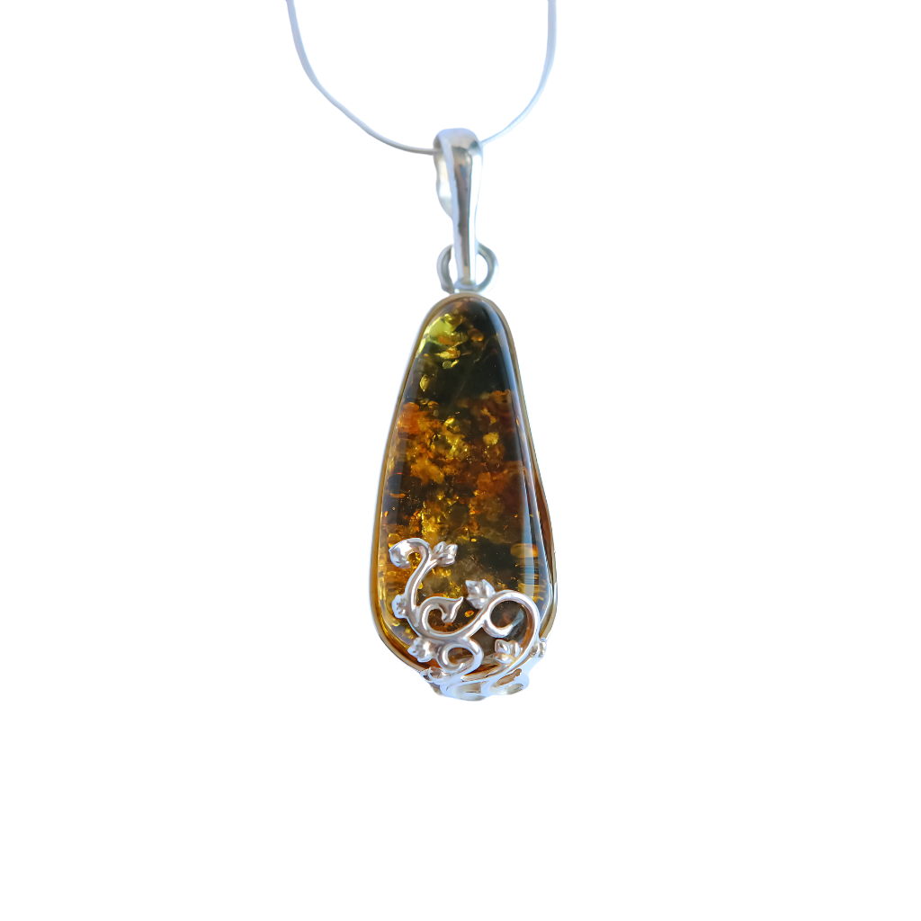 Green Baltic Amber Pendant Necklace in 925 Sterling Silver-Handmade