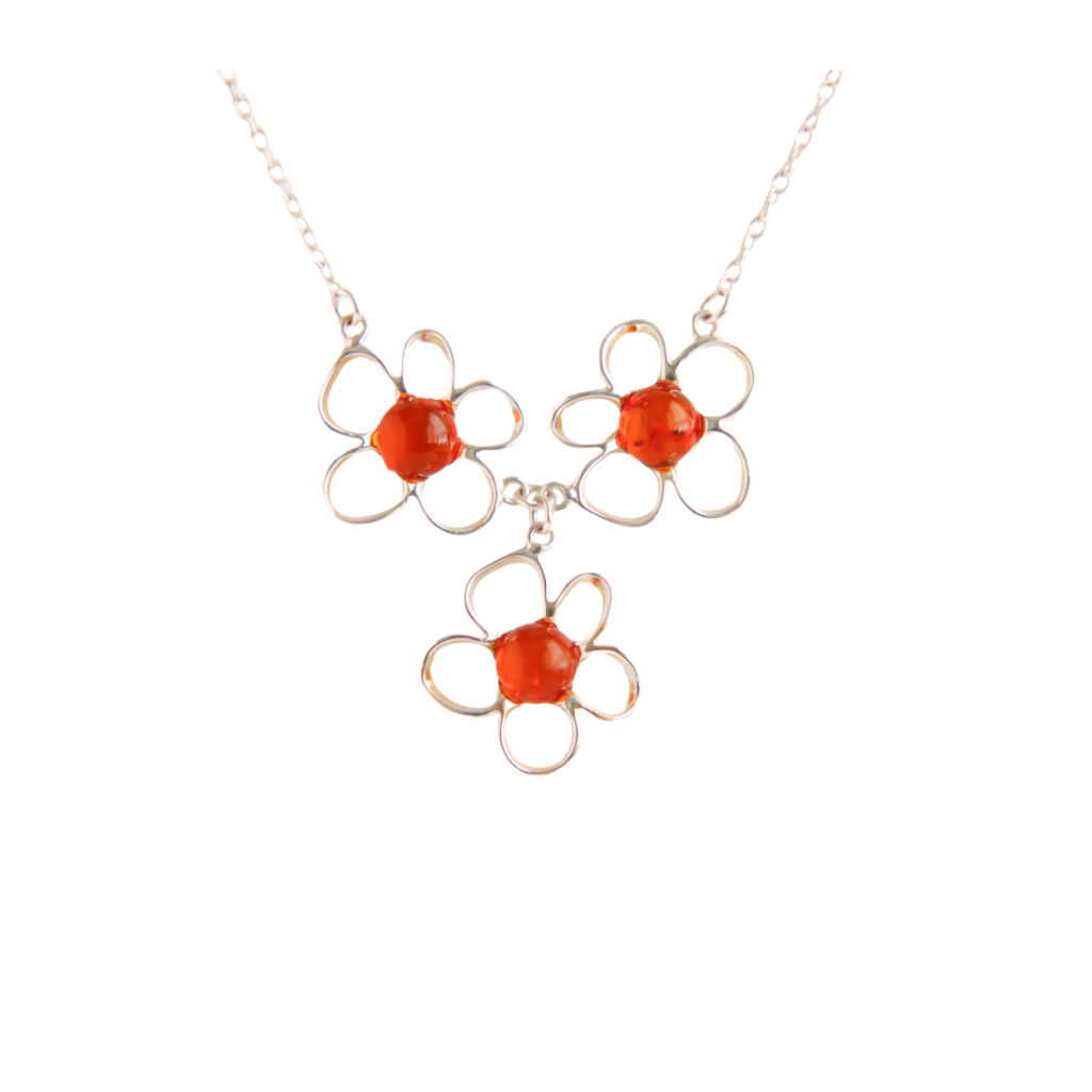 Natural Baltic Cognac Amber Flower Child Daisy Necklace in 925 Sterling Silver