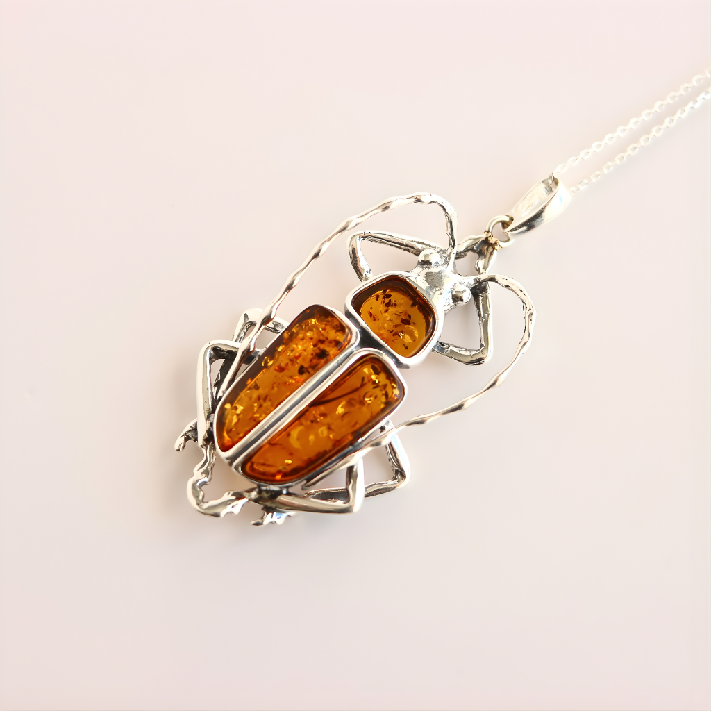 Baltic Amber Scarab Pendant – Large Sterling Silver Amber Necklace