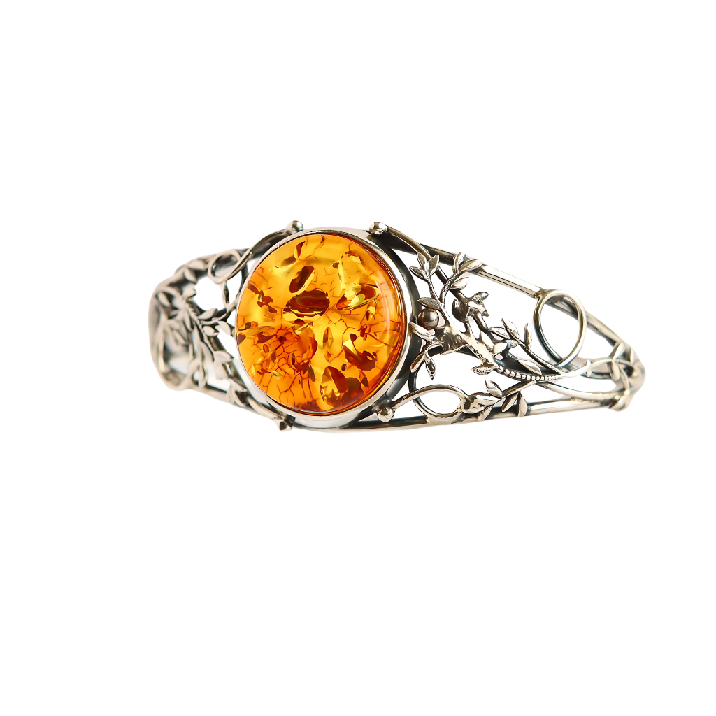 Handmade natural Baltic cognac amber vine silver cuff bracelet in sterling silver.