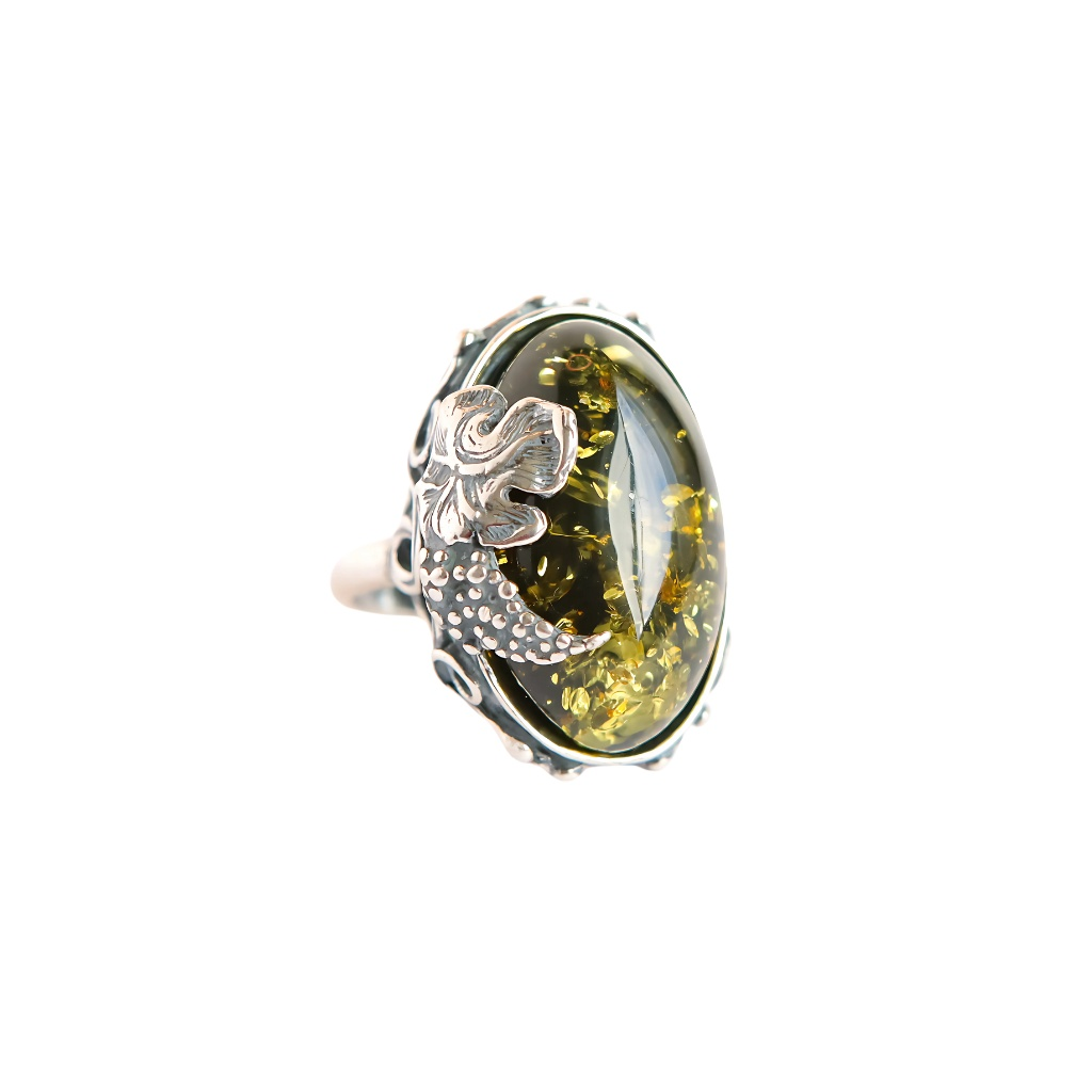 Baltic Green Amber Silver Ring Grape Leaf Design in 925 Sterling Silver