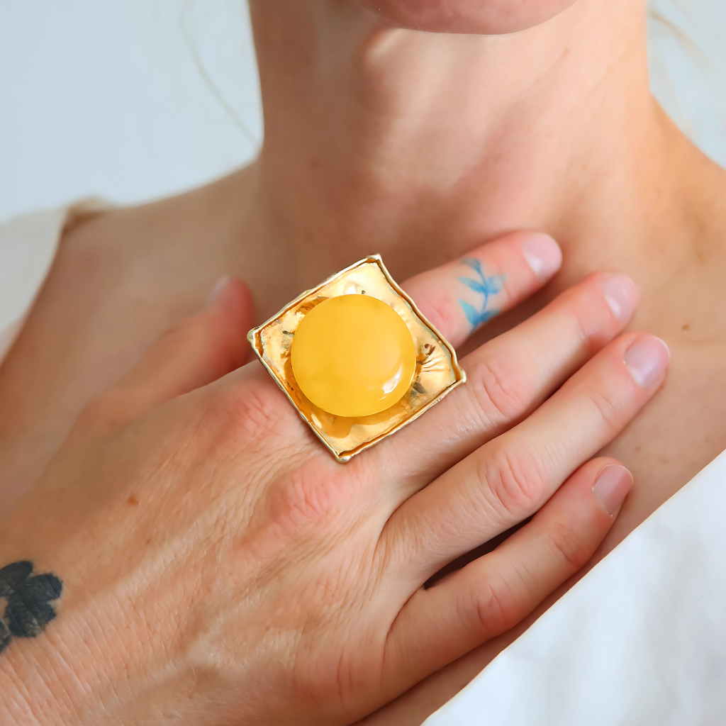 Handmade Butterscotch Amber Ring – Adjustable 14k Gold Plated Sterling Silver