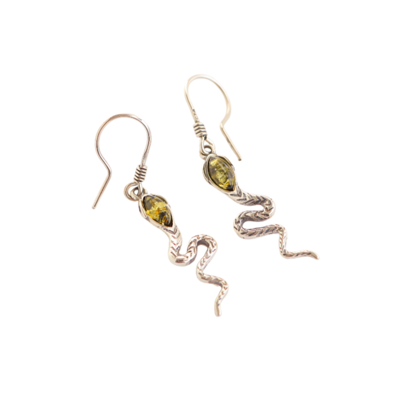 Green Amber Snake Dangle Earrings in 925 Sterling Silver