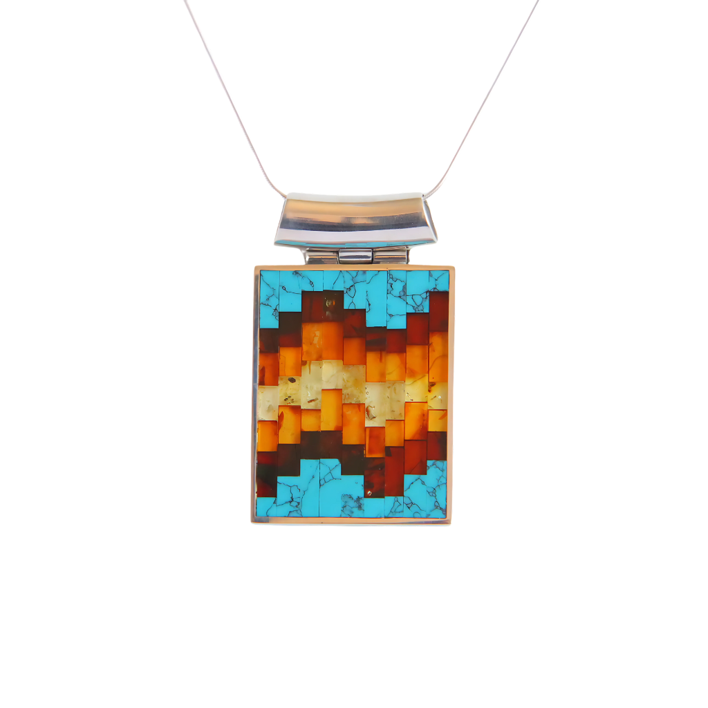 Natural Baltic Amber and Turquoise Mosaic Pendant Statement Necklace in 925 Sterling Silver