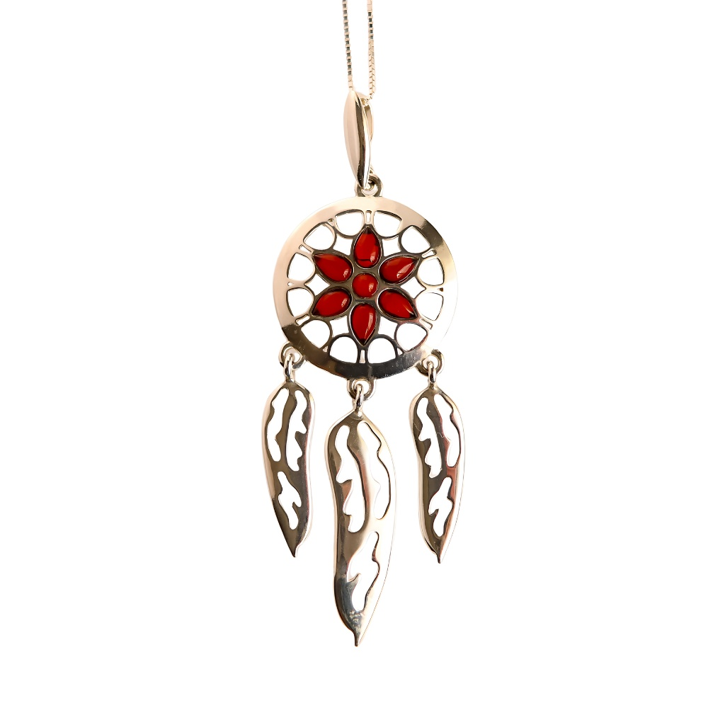 Natural Baltic Cherry Amber Dream Catcher Necklace in 925 Sterling Silver