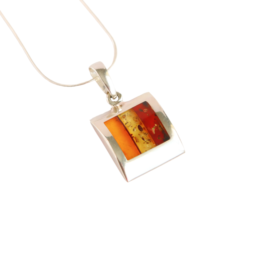 Mosaic Baltic Amber Pendant Necklace in 925 Sterling Silver-Unisex Design