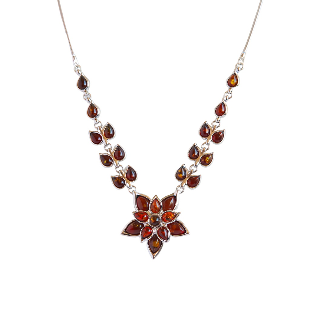 Natural Baltic Amber Flower Statement Necklace in 925 Sterling Silver