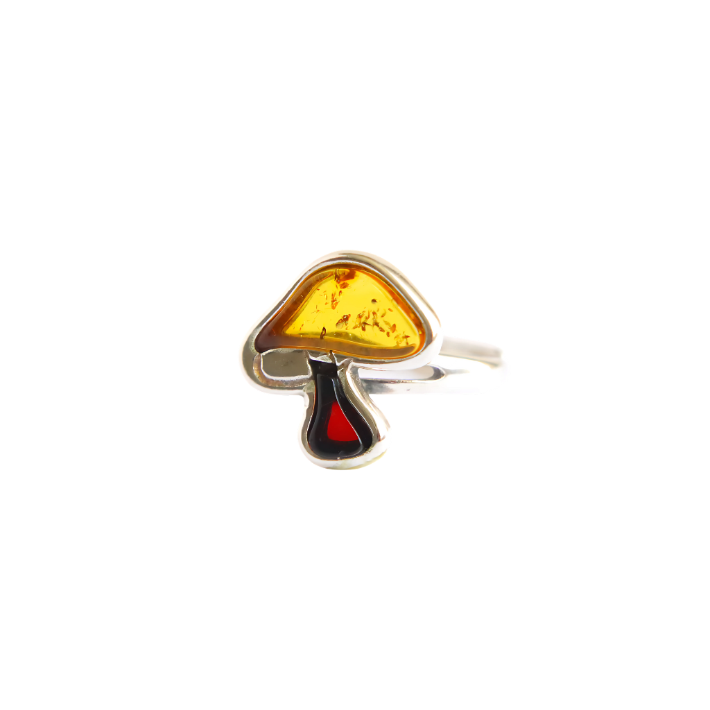 Baltic Amber Magic Mushroom Ring – Lemon & Cherry Amber, Adjustable Sterling Silver