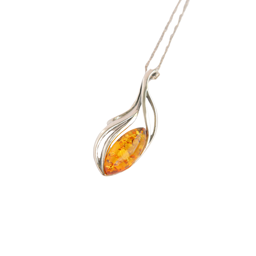 Cognac Amber Marquise Cut Abstract Pendant Necklace in 925 Sterling Silver