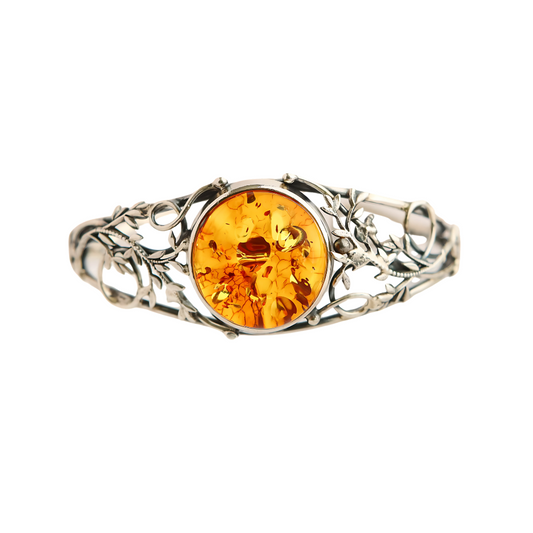 Handmade Baltic cognac amber vine silver cuff bracelet with 925 sterling silver design.