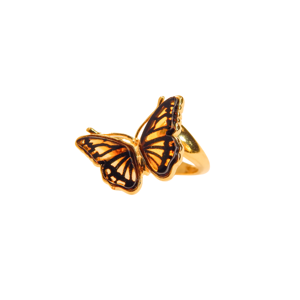 Baltic Amber Gold Butterfly Ring Adjustable Size