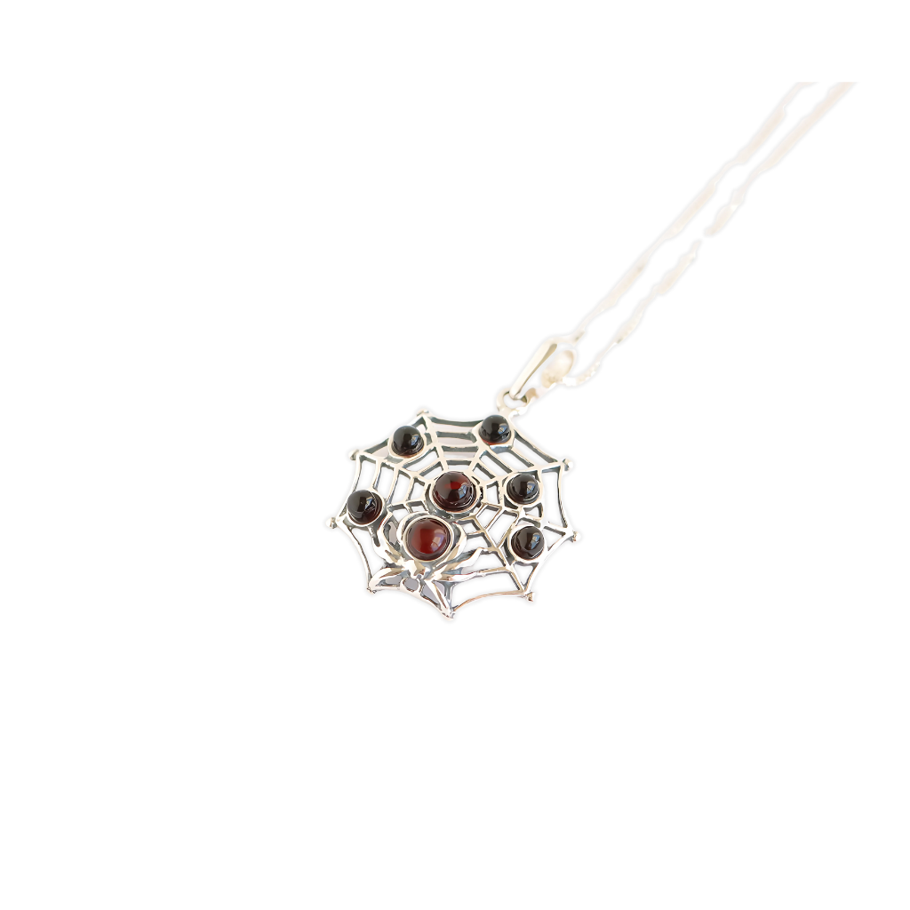 Red Velvet Amber Spiderweb Pendant Necklace in 925 Sterling Silver