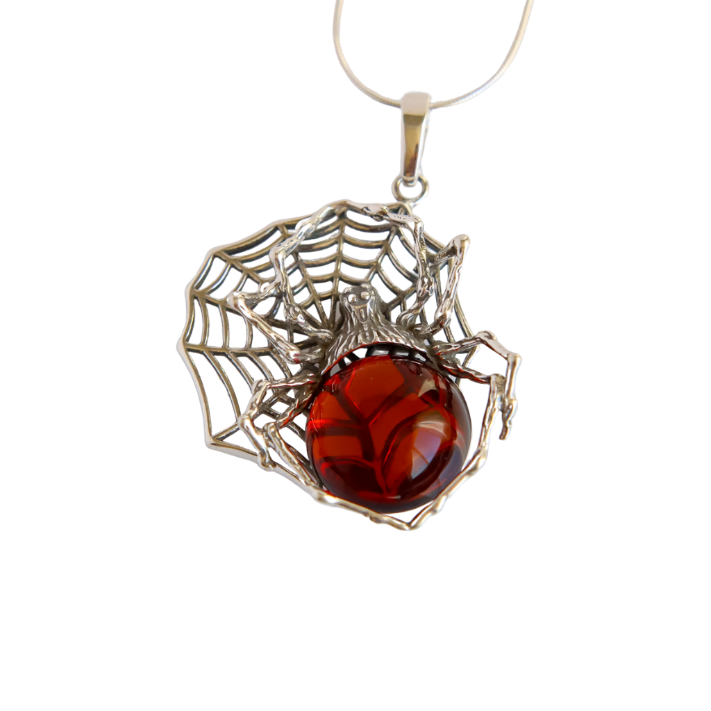 Baltic Cherry Amber Large Spider Pendant Necklace in 925 Sterling Silver