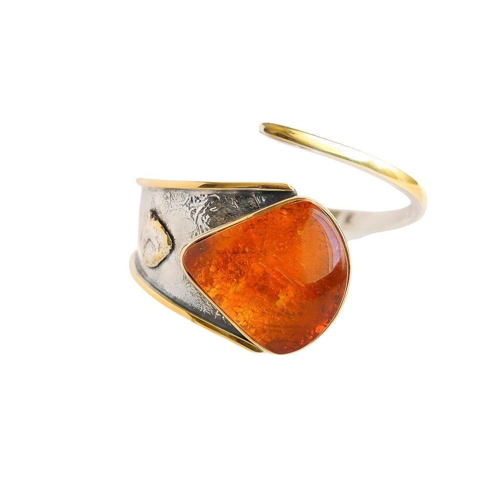 Handmade Baltic Cognac Amber Cuff Bracelet in 925 Sterling Silver
