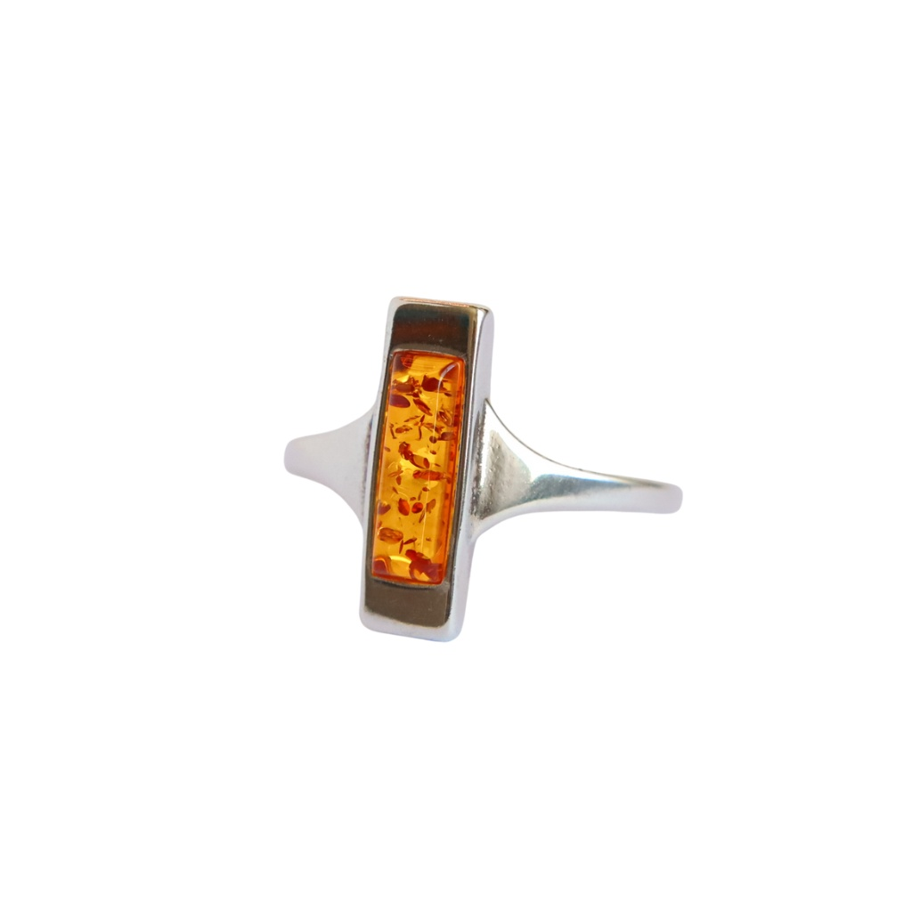Lithuanian Cognac Baltic Amber Rectangular Minimalist Design Ring in 925 Sterling Silver