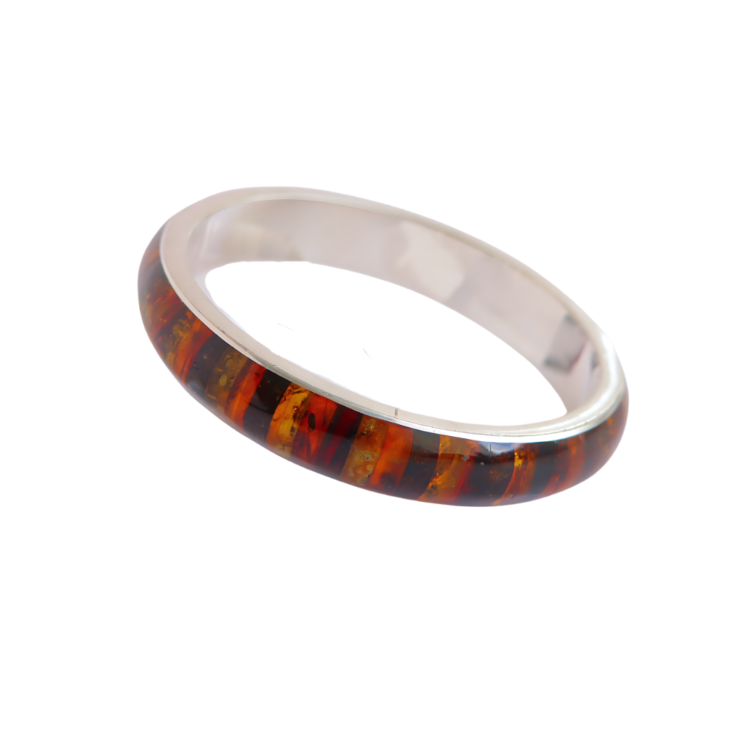 Handmade Natural Baltic Amber Mosaic Silver Bangle Bracelet