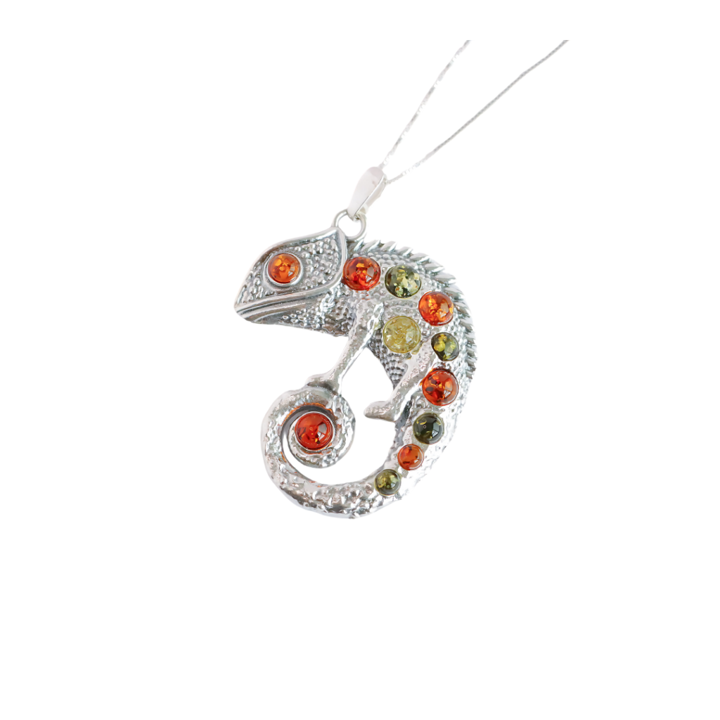 Natural Baltic Multicolor Amber Chameleon Pendant Necklace in 925 Sterling Silver