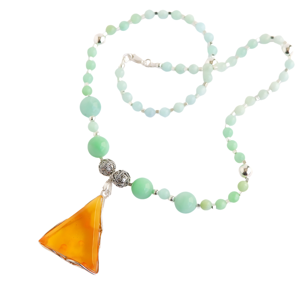 Baltic Lemon Amber and Burma Jade Statement Necklace in 925 Sterling Silver
