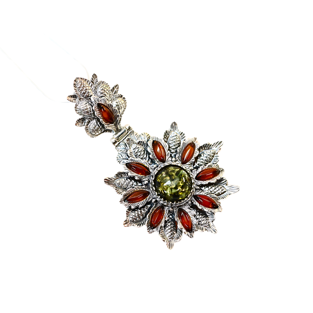 Natural Baltic Amber Tropical Floral Statement Necklace in 925 Sterling Silver