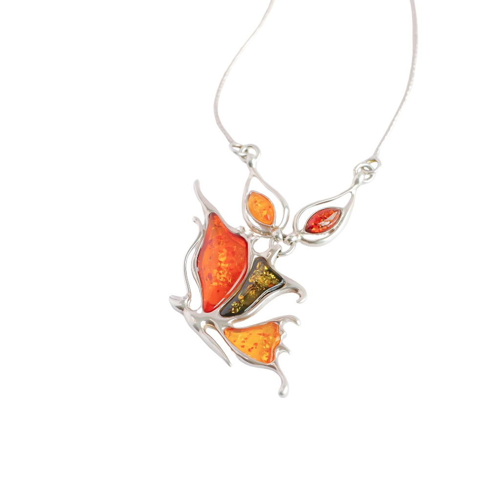 Lithuanian Baltic Amber Fairy Pendant Necklace in 925 Sterling Silver