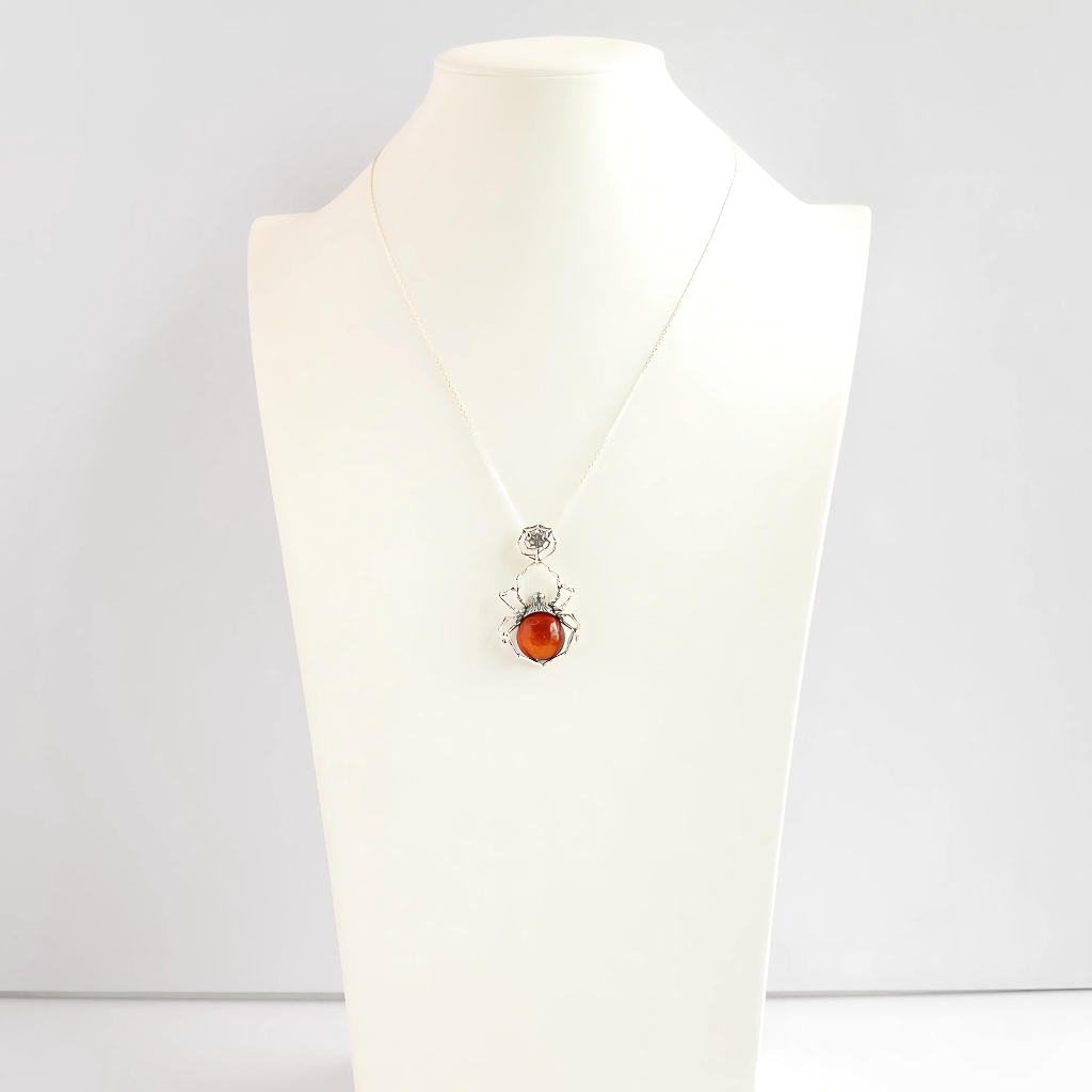 Natural Baltic Cognac Amber Spider Pendant Necklace in 925 Sterling Silver