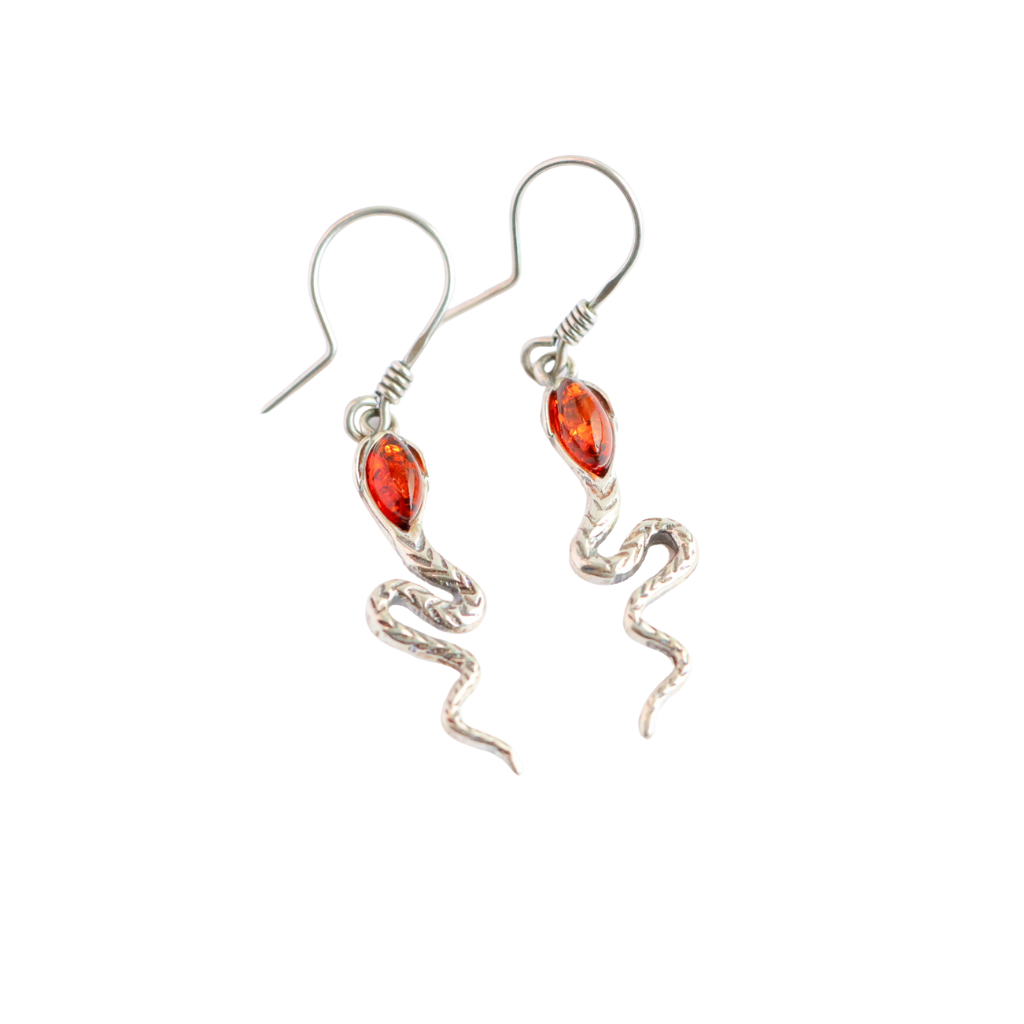 Natural Baltic Cognac Amber Snake Earrings in 925 Silver