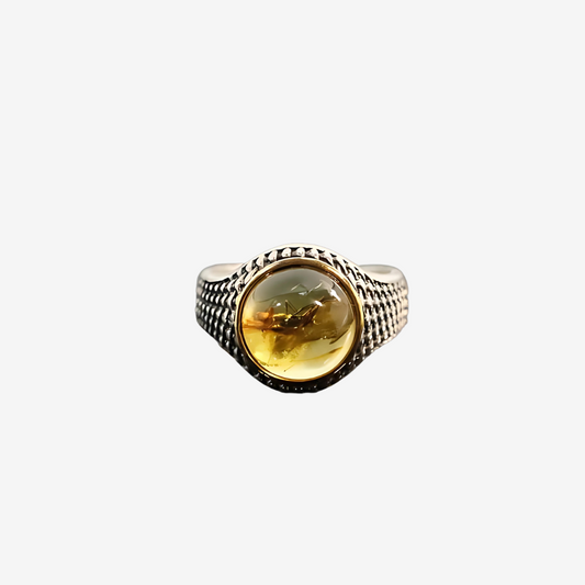 Natural Baltic Lemon Amber with Fossilized Insect Unisex Ring in 925 Sterling Silver