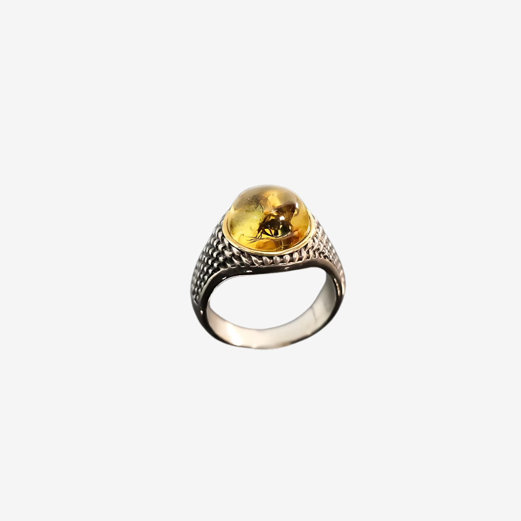 Natural Baltic Lemon Amber with Fossilized Insect Unisex Ring in 925 Sterling Silver