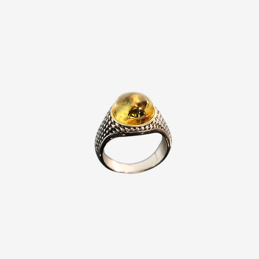 Natural Baltic Lemon Amber with Fossilized Insect Unisex Ring in 925 Sterling Silver