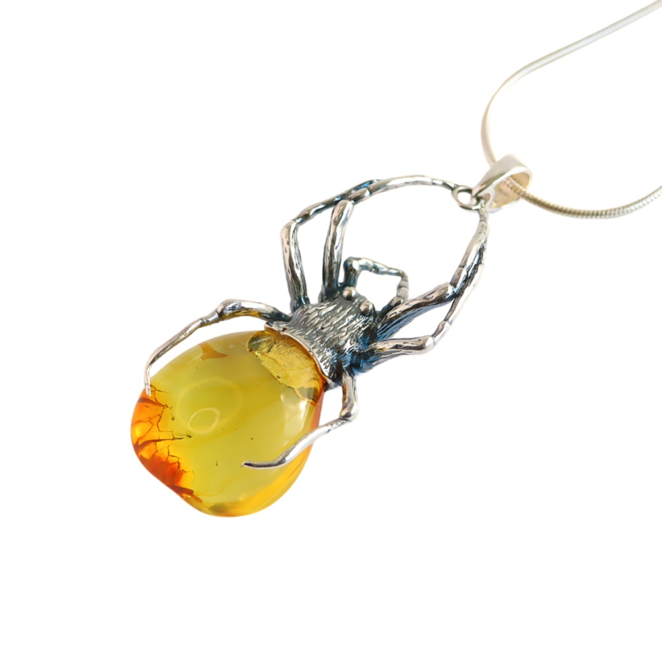 s925 necklace-Natural Baltic lemon amber black widow pendant necklace in sterling silver.