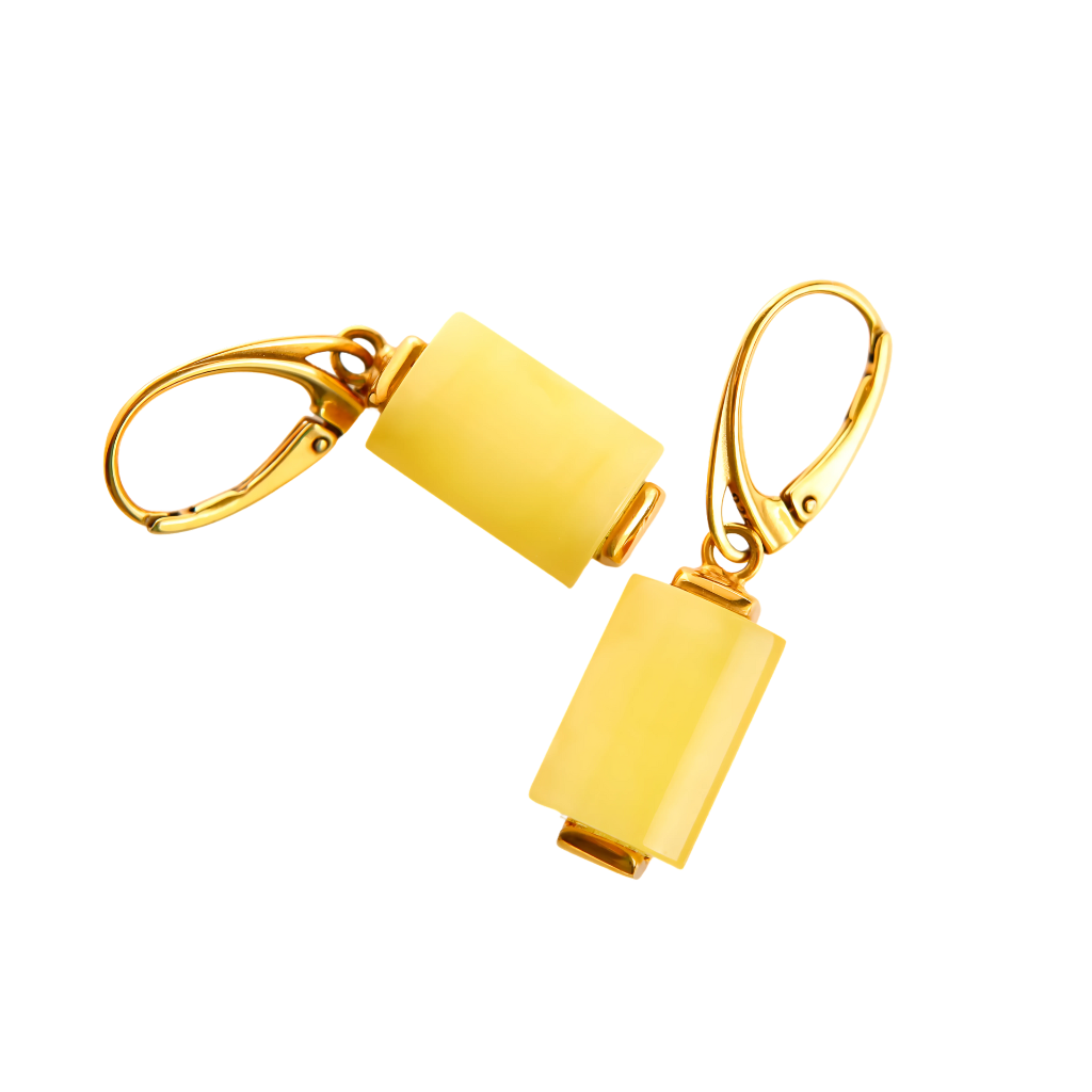 14k gold plated Aleksander Gliwinski butterscotch Amber earrings with sleek modern design.