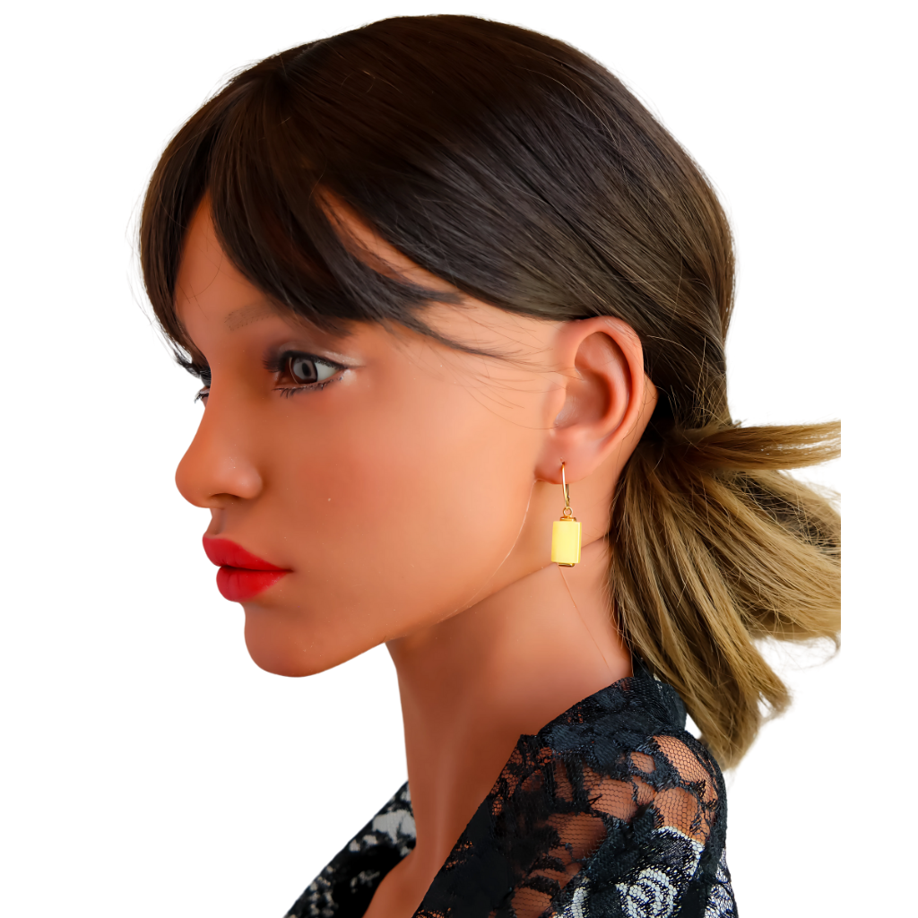 14k Gold Plated Aleksander Gliwinski Designer Butterscotch amber Earrings on model