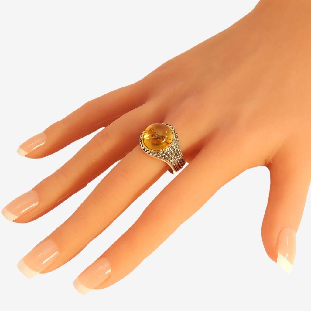 Natural Baltic Lemon Amber with Fossilized Insect Unisex Ring in 925 Sterling Silver