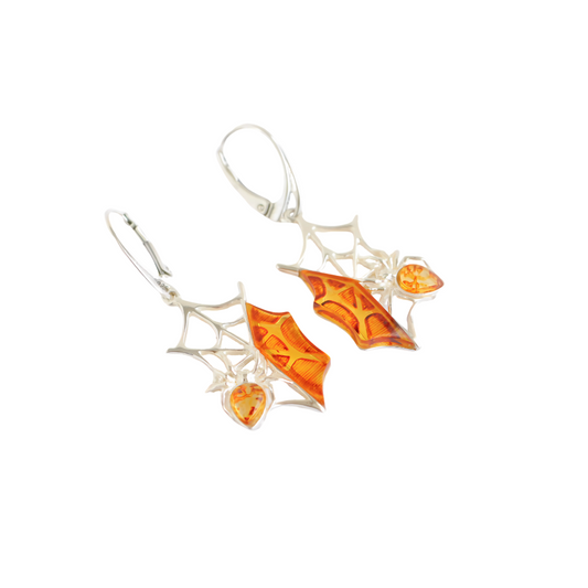 Baltic Amber Handmade Spiderweb Dangle Earrings in 925 Sterling Silver