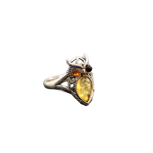 Baltic Lemon and Cherry Amber Owl Ring in 925 Sterling Silver