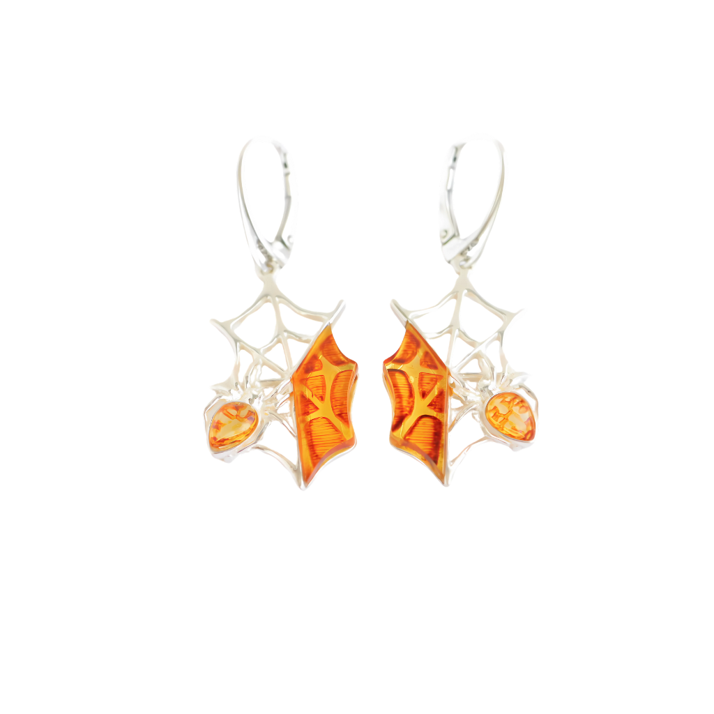 Baltic Amber Handmade Spiderweb Dangle Earrings in 925 Sterling Silver