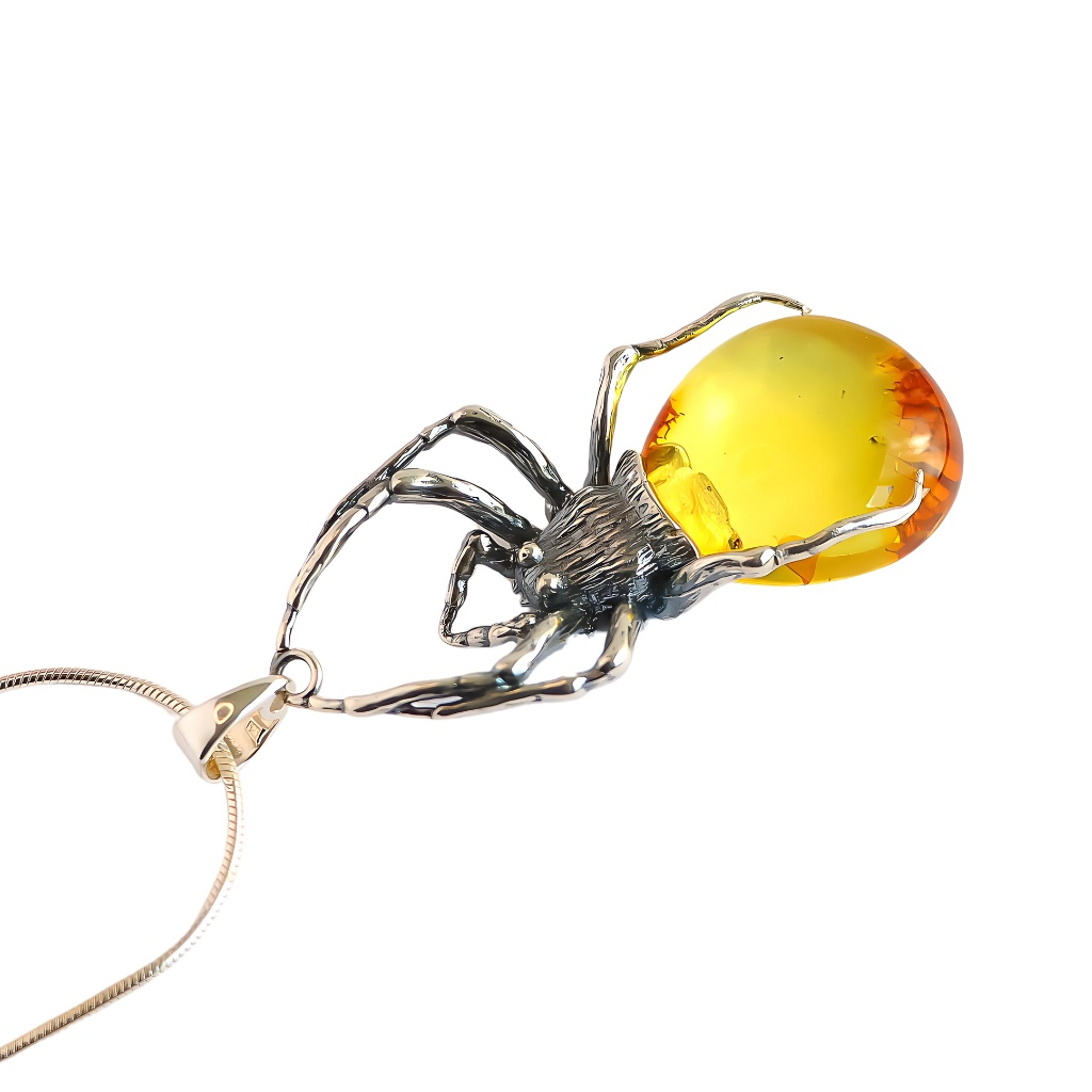 s925 necklace-Natural Baltic lemon amber black widow pendant necklace in 925 sterling silver.