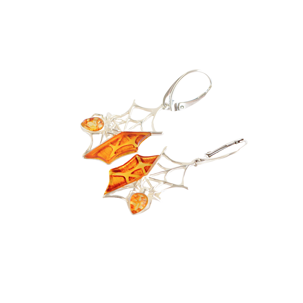 Baltic Amber Handmade Spiderweb Dangle Earrings in 925 Sterling Silver