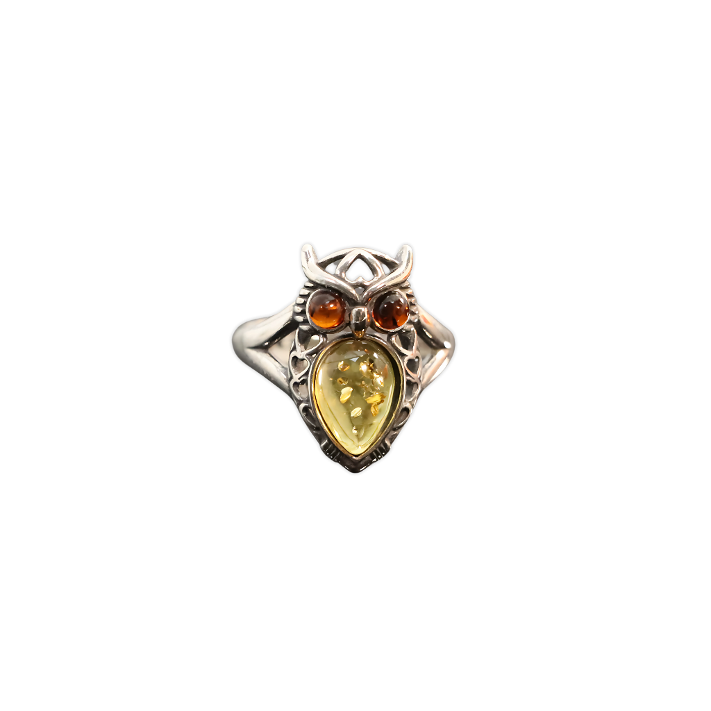 Baltic Lemon and Cherry Amber Owl Ring in 925 Sterling Silver