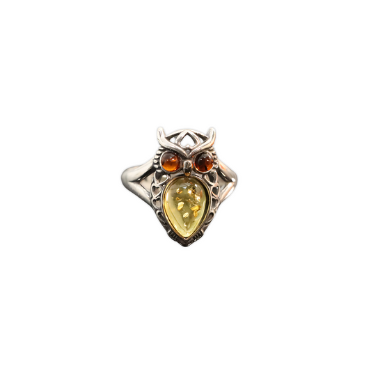 Baltic Lemon and Cherry Amber Owl Ring in 925 Sterling Silver